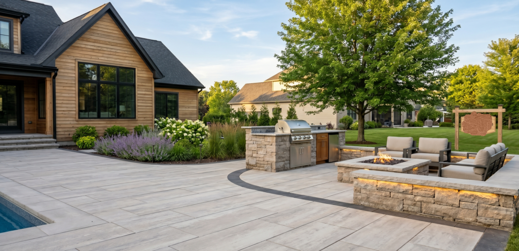 Modern backyard patio layout featuring large format stone pavers, an outdoor kitchen, and a built-in fire pit lounge designed by a Rochester hardscaping contractor.