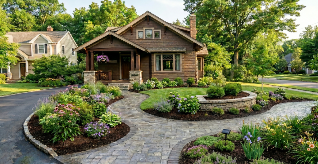 Professional landscaping services in Rochester NY featuring a custom concrete paver walkway, engineered stone retaining walls, and manicured mulched flower beds in a suburban front yard.