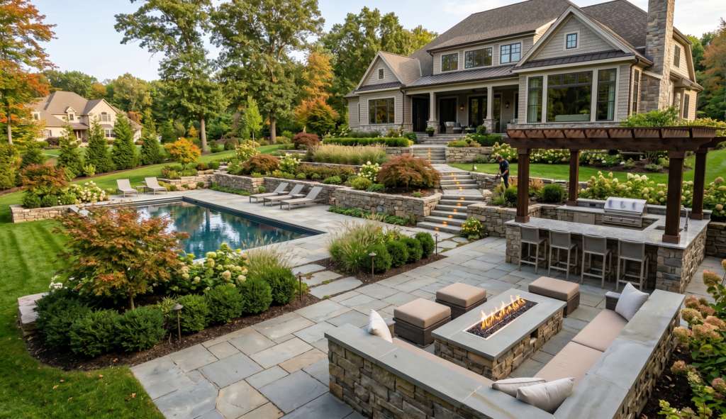 This is the most important field for accessibility and Google Image Search. It naturally incorporates your primary entity keywords (luxury landscape design, bluestone patio, outdoor kitchen) without keyword stuffing.