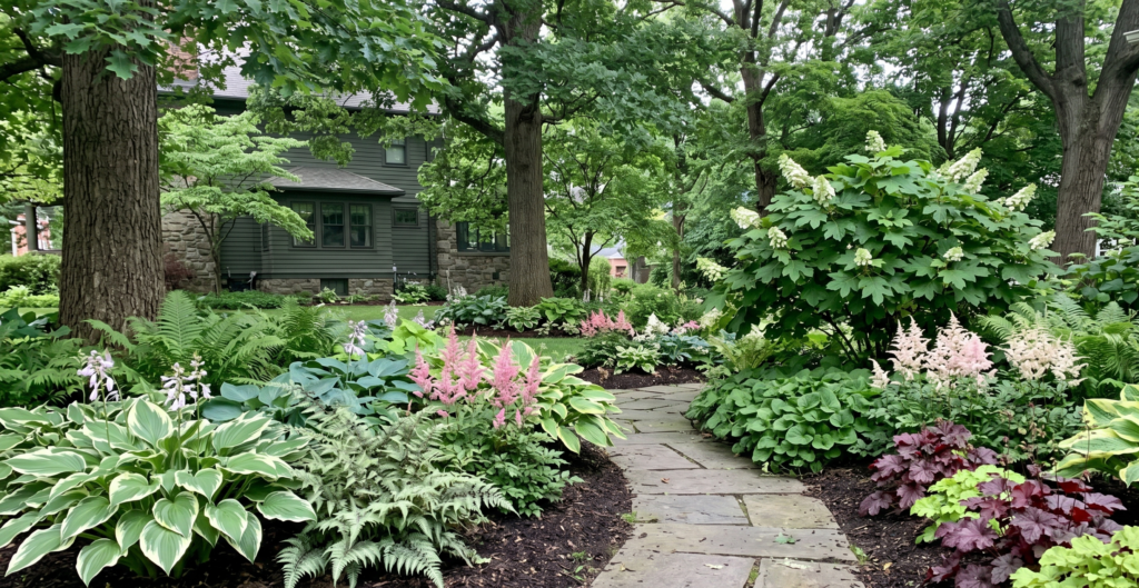 Lush shaded backyard garden in Rochester NY featuring pink astilbe blooms, variegated green and white hostas, ferns, and coral bells along a natural stone walkway.