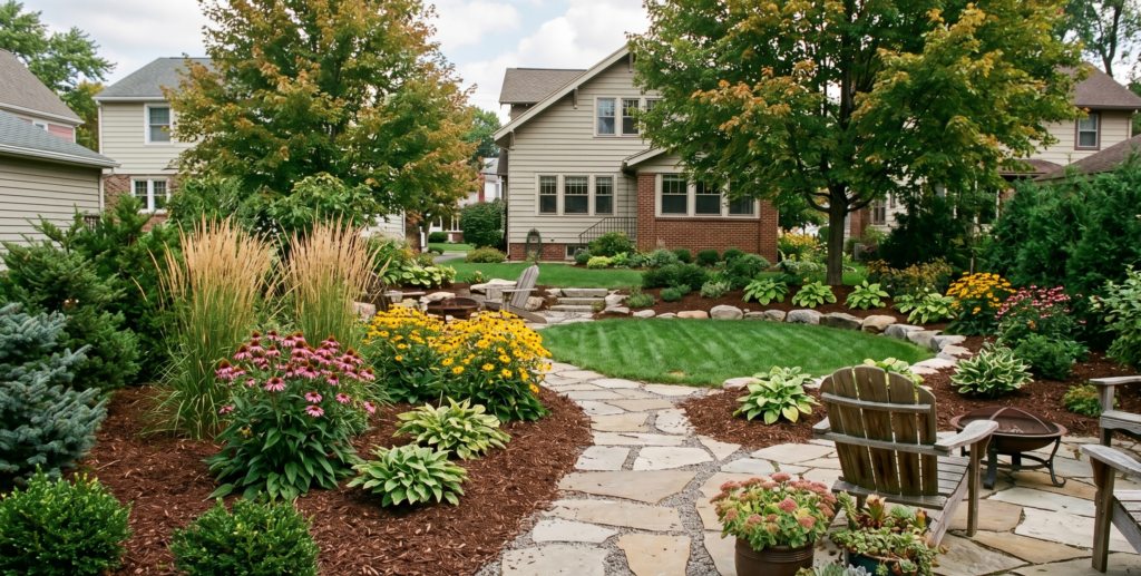 Low maintenance backyard landscape in Rochester NY featuring a natural flagstone patio, dark hardwood mulch garden beds, purple coneflowers, hostas, and ornamental grasses surrounding a small, neat lawn footprint.