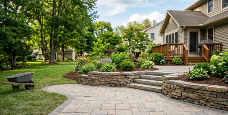 Paver patio with a natural stone retaining wall and steps