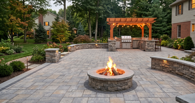 Stone fire pit on a paver patio with a pergola and outdoor kitchen