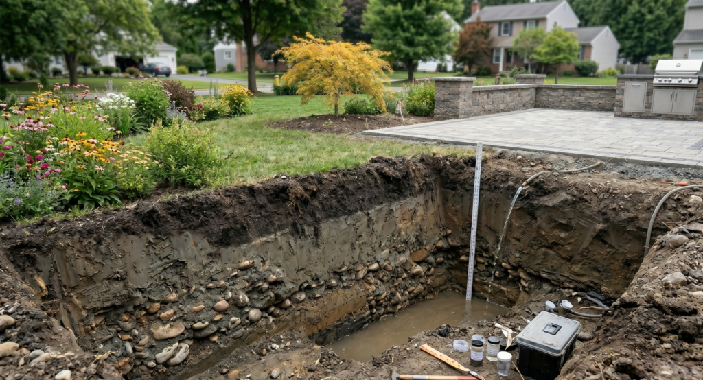 Deep cross-section excavation of heavy clay till and silt loam layers during a residential backyard drainage percolation test in Rochester NY.