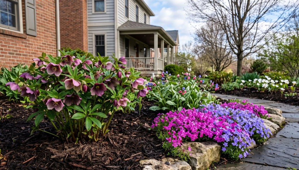 Blooming purple Hellebores and magenta Creeping Phlox along a stone walkway in a Rochester, NY residential garden.
