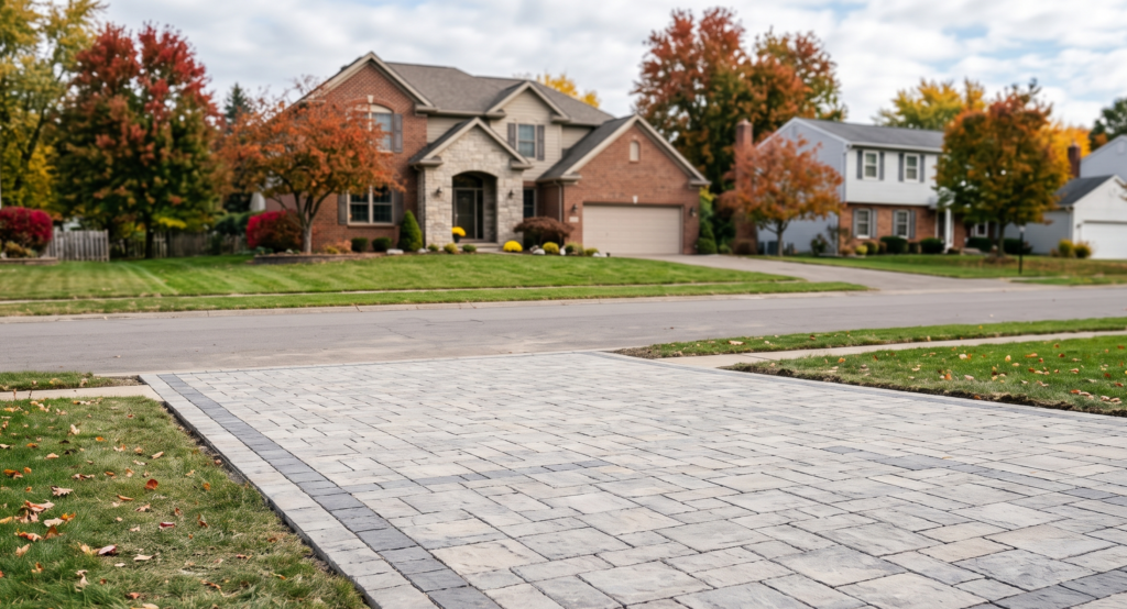 A professionally installed interlocking concrete paver driveway in a Rochester NY neighborhood, showcasing clean joints designed to withstand winter frost heaving.