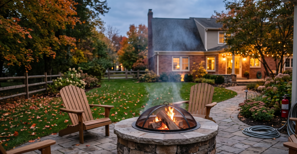 Custom stone fire pit safely installed with proper structural setbacks on a Rochester patio, featuring mandatory garden hose and fire extinguisher safety equipment.