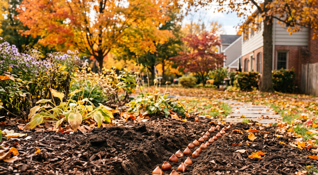 Tulip and daffodil bulbs lined up in rich garden soil ready for fall planting in a suburban Rochester home garden surrounded by autumn leaves.