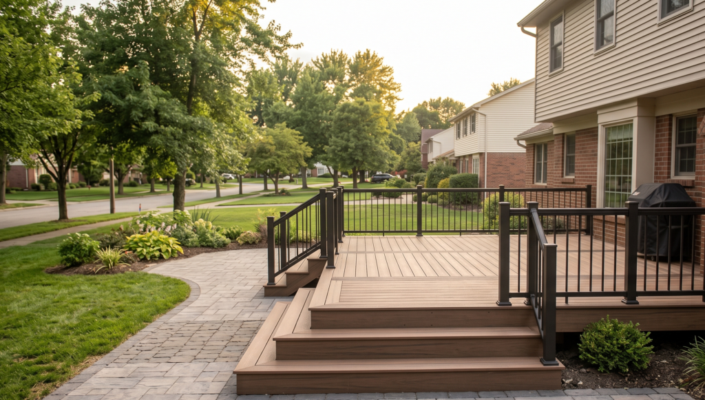 Modern composite deck and paver patio expansion in a Rochester suburban backyard built to municipal permit codes.