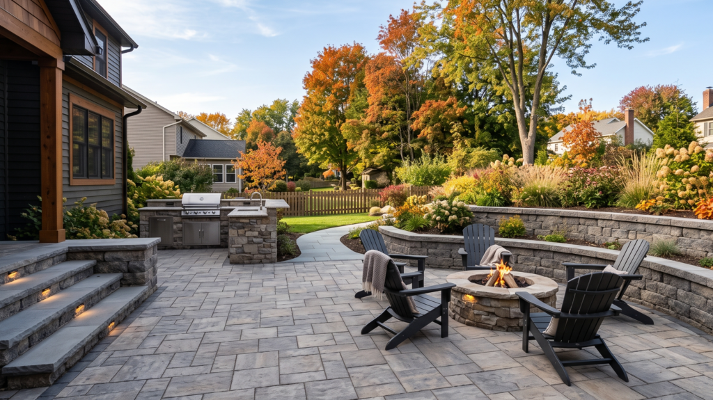 A multi-level hardscape installation in Pittsford, NY, featuring large format Grey/Tan concrete pavers, an outdoor kitchen station, and custom retaining wall lighting.