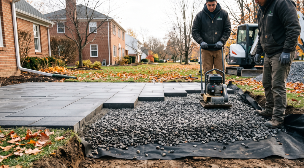Marbella Landscaping crew installing a frost-resistant open-graded aggregate base with geotextile fabric for a paver patio in Rochester, NY.