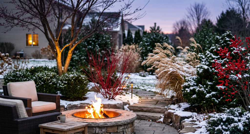 Dusk photo of a Rochester garden with a roaring fire pit, native winterberry holly, red twig dogwood, and snow-dusted ornamental grasses.