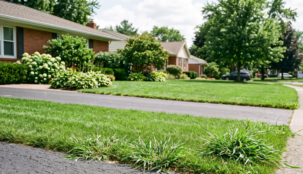 Coarse crabgrass growing along the asphalt driveway edge of a suburban lawn in Monroe County, NY.