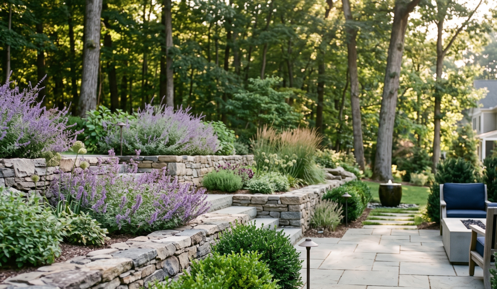 Multi-tiered natural stone retaining wall and paver patio surrounded by deer-resistant purple catmint, alliums, and boxwood in a Rochester NY backyard.