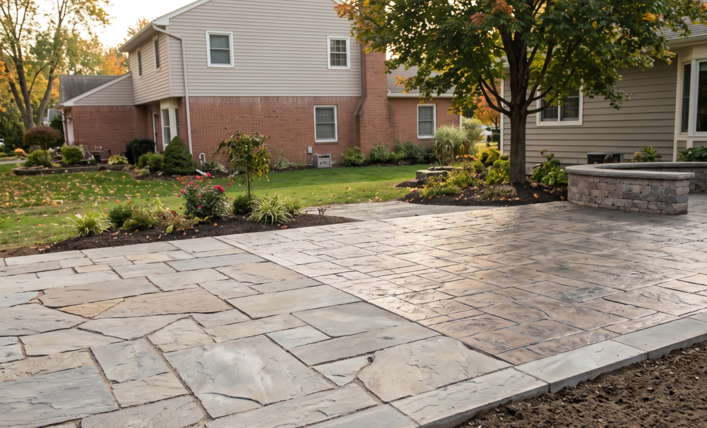 A visual comparison of a natural Pennsylvania Bluestone flagstone walkway transitioning into a decorative stamped concrete patio in a Rochester, NY backyard during autumn.