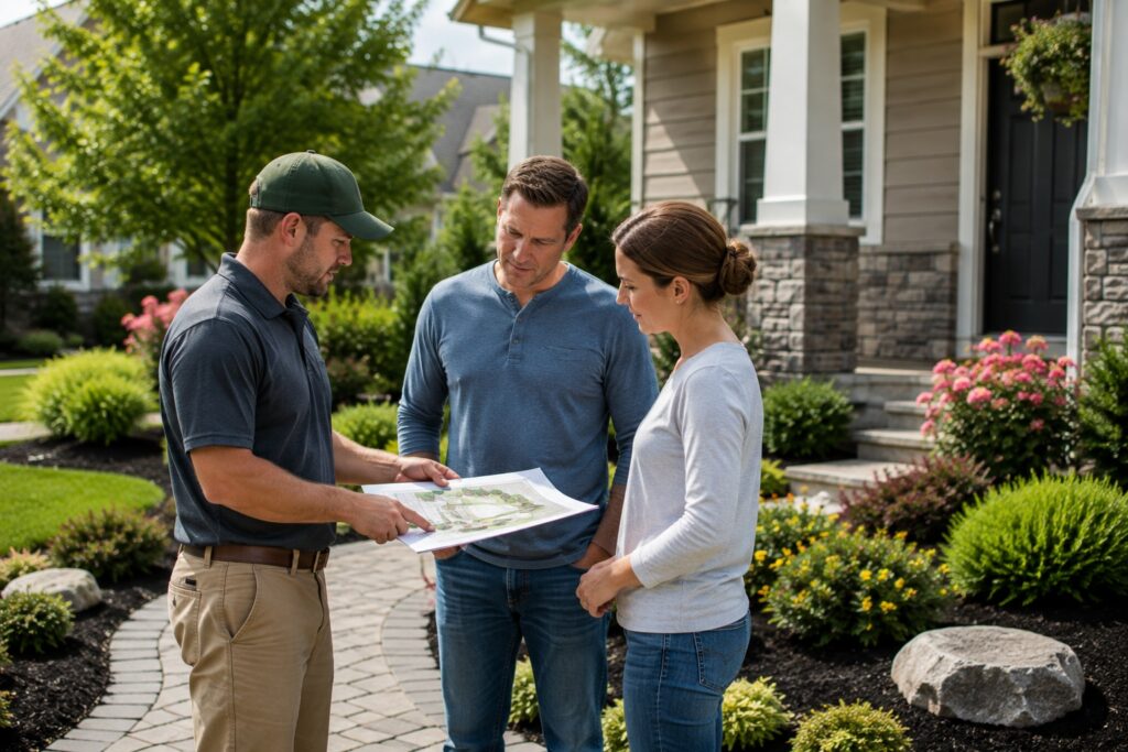 Landscape designer reviewing a plan with two homeowners