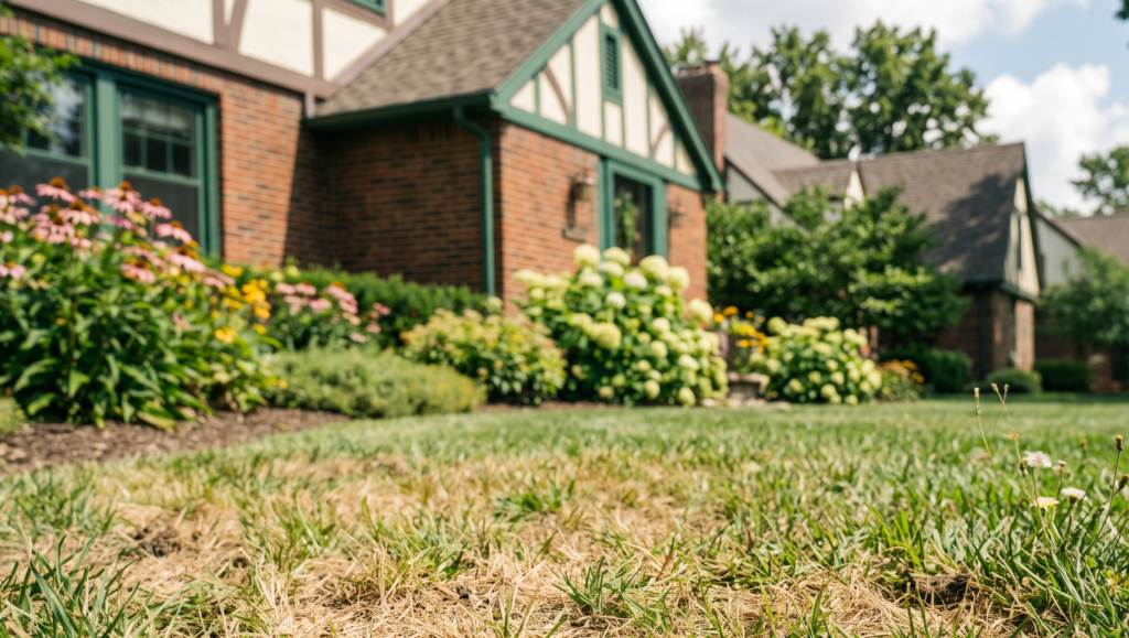 Heat-stressed and thinning cool-season lawn showing drought dormancy in a Rochester, NY residential yard.