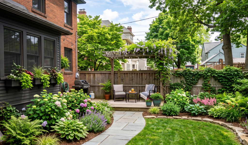 Lush small backyard landscaping design in a historic Rochester NY neighborhood with stone walkway, hydrangeas, hostas, and cozy patio seating.