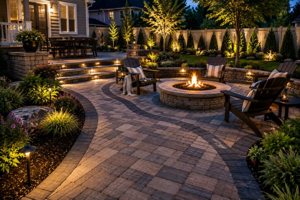Curved paver walkway lit by low-voltage lights