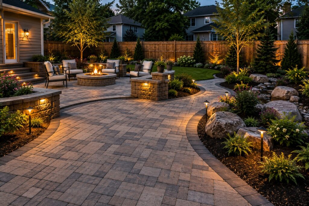 Backyard paver path lit by landscape lighting at night