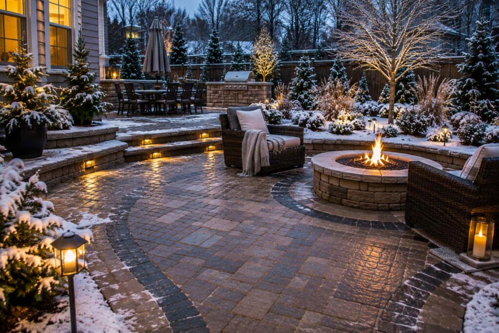 Snow-dusted paver patio with a lit fire pit