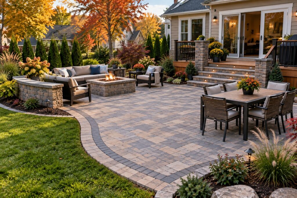 Paver patio with an outdoor dining table beside a home