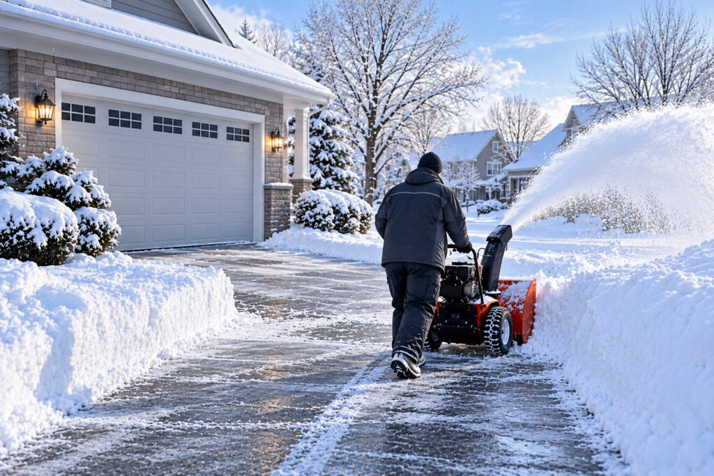 Crew member clearing a residential driveway with a snow blower