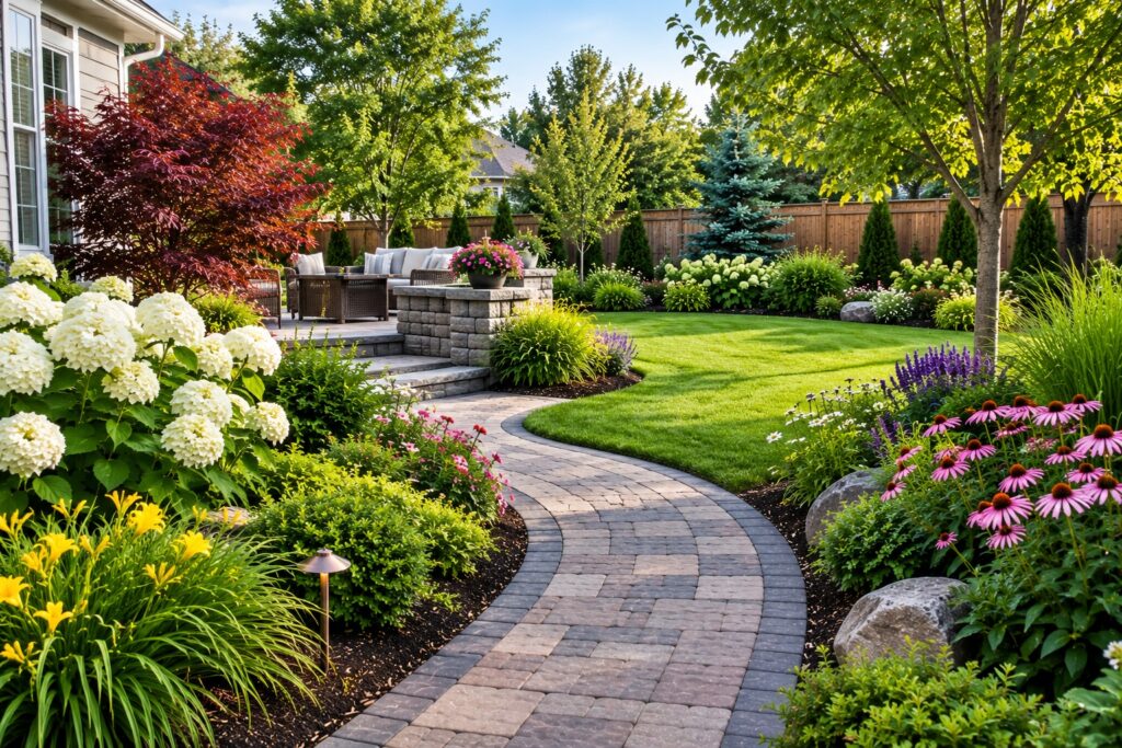 Curved paver path through perennial beds