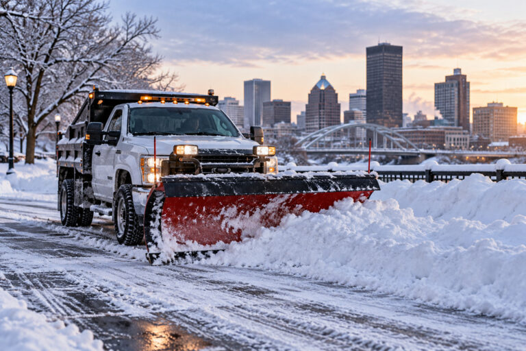 Plow truck clearing a snowy street with the Rochester skyline behind